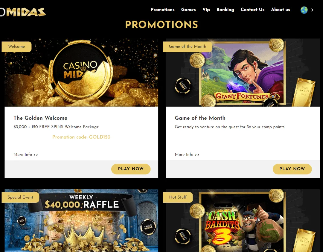 Casino Midas desktop promotions area with welcome and deposit offers