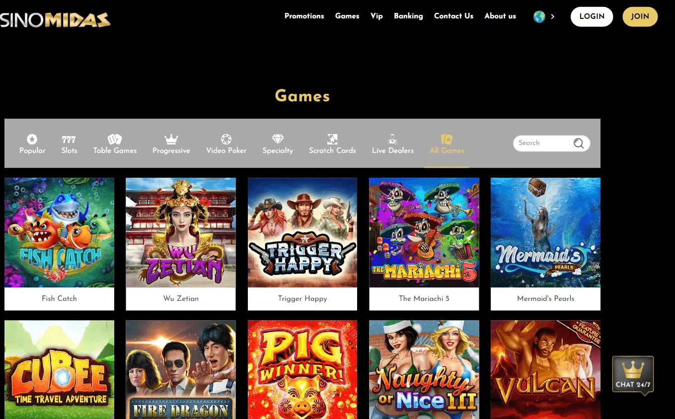 Casino Midas desktop games area with RTG casino titles